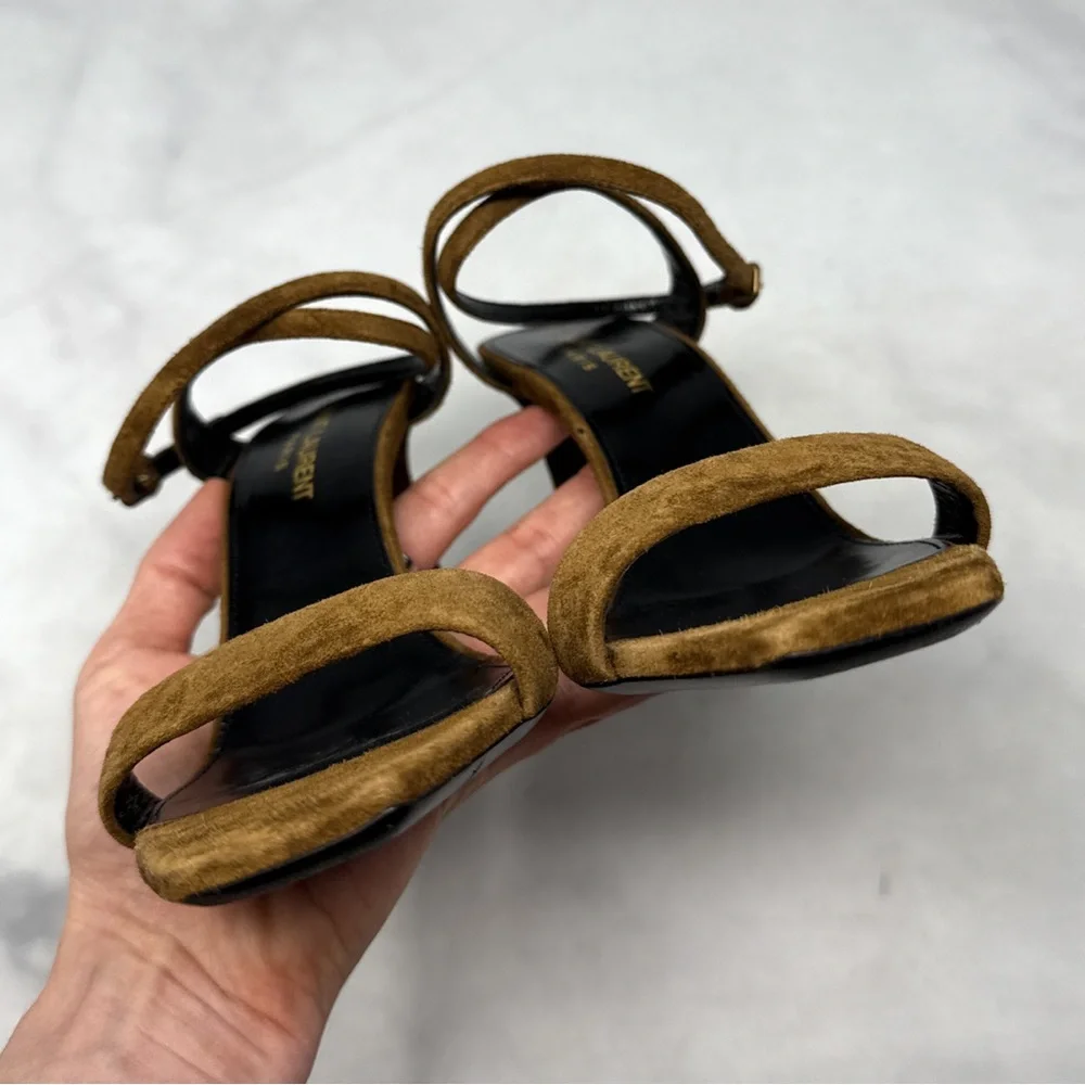 Saint Laurent Bea Bow Suede Square Toe Ankle Wrap Strap Sandal Heels Brown 37 - Picture 7 of 14